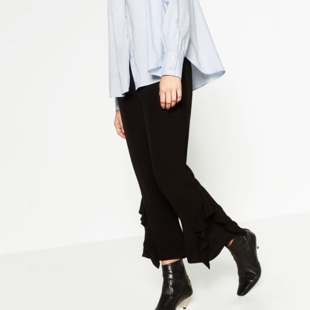 Zara High Rise Ruffle Leg Trouser Pants in Black - Picture 4 of 13
